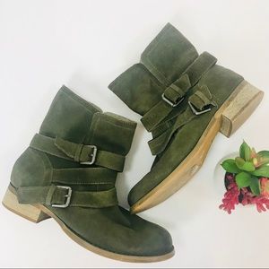 Score. Olive suede slip on booties